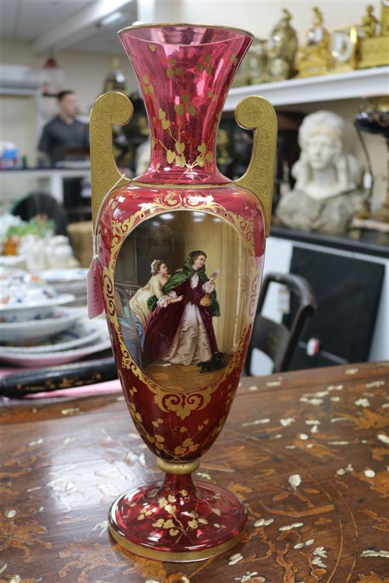A large Bohemian ruby glass amphora-shaped vase, late 19th century, 47.5cm